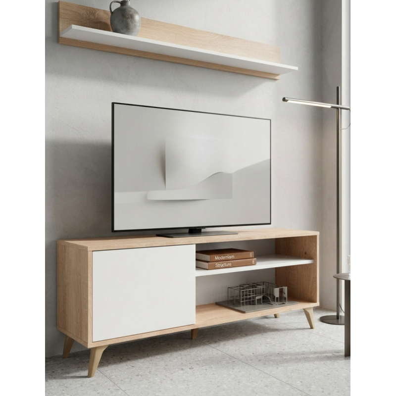 Mueble de Televisión + Estante flotante de pared color roble/blanco