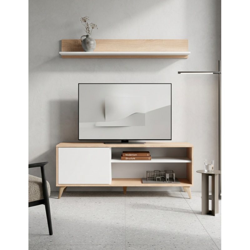 Mueble de Televisión + Estante flotante de pared color roble/blanco