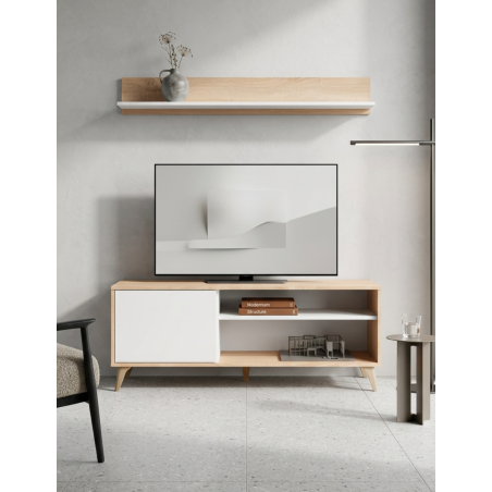 Mueble de Televisión + Estante flotante de pared color roble/blanco
