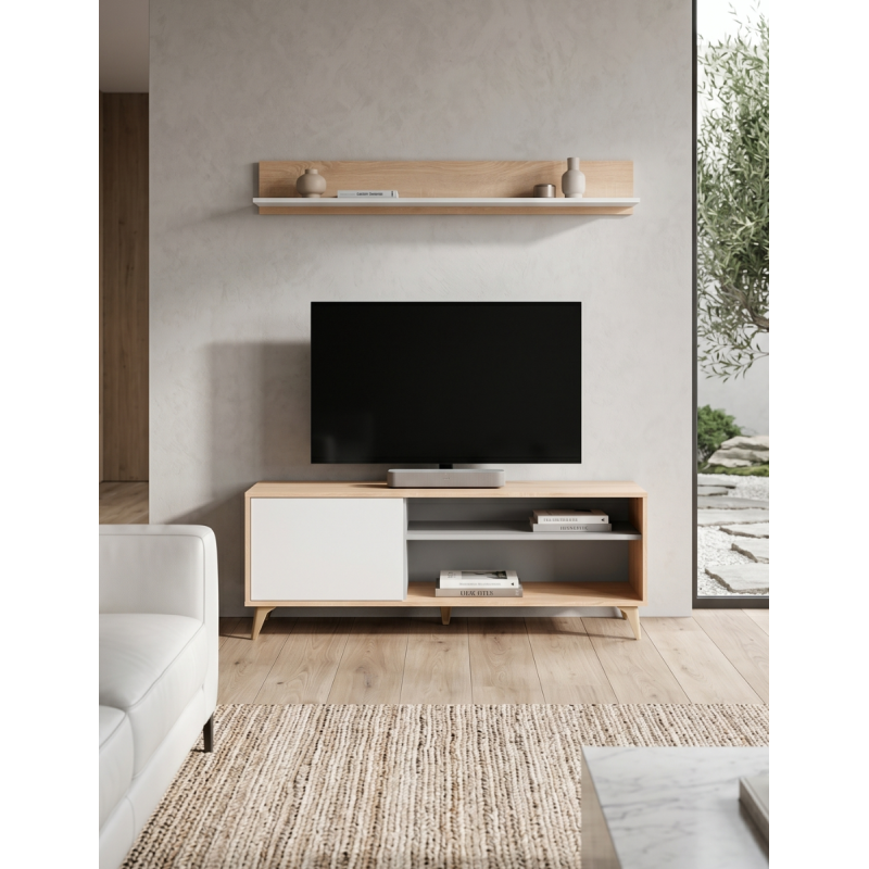 Mueble de Televisión + Estante flotante de pared color roble/blanco