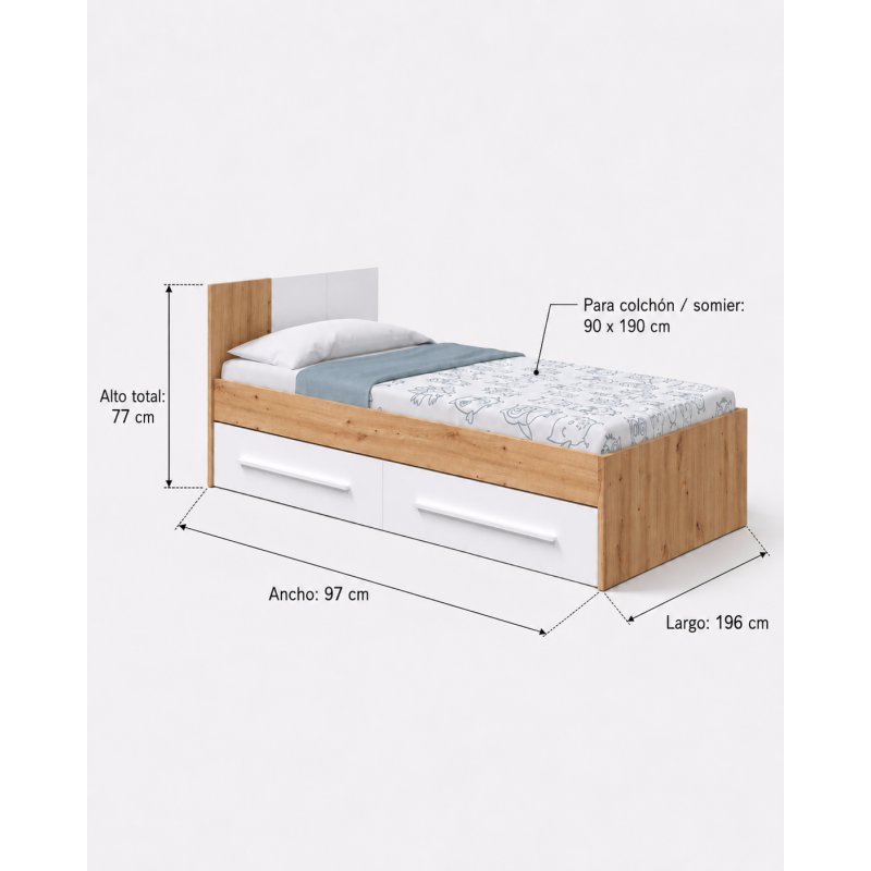 cama Ambient con cabecero y 2 cajones inferiores cama 190x90 Montiel