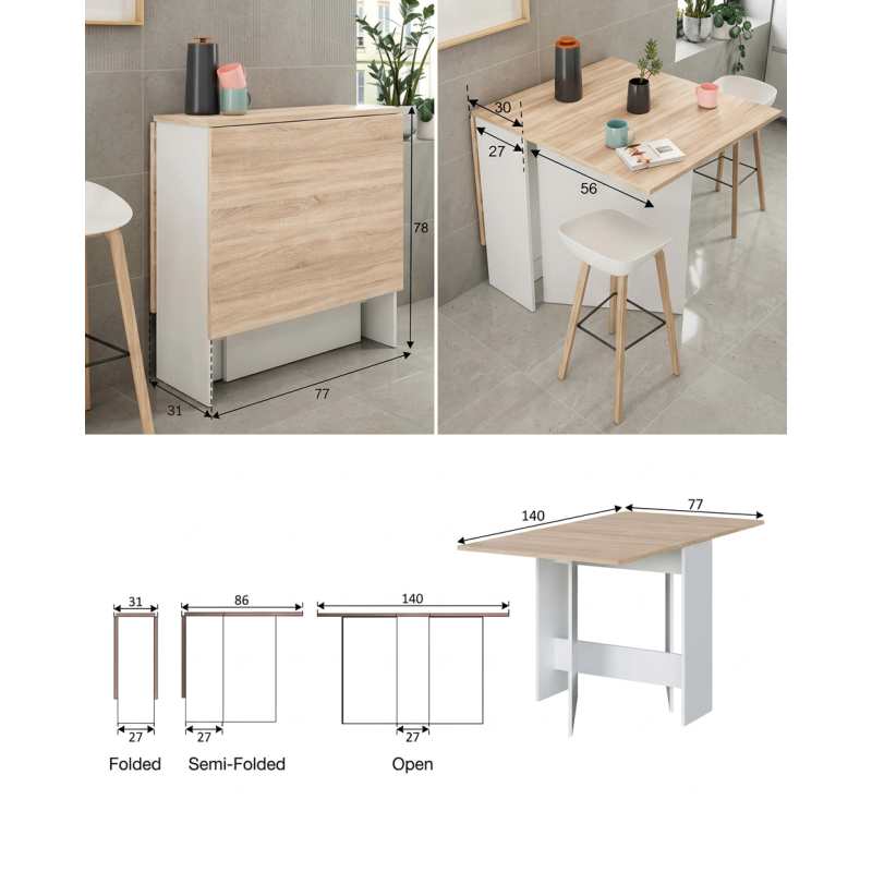 Mesa con alas abatibles de 140cm color blanco volare montiel