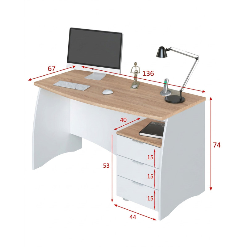 Mesa de despacho con 3 cajones blanco artik/roble Montiel