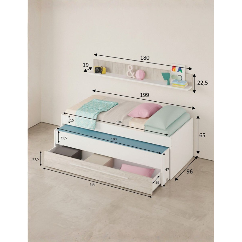 Cama Nido Juvenil con Estante y Cajón Elliot - Montiel