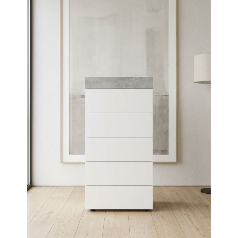 Cómoda Tekkan de 5 Cajones Blanca y Cemento - Montiel