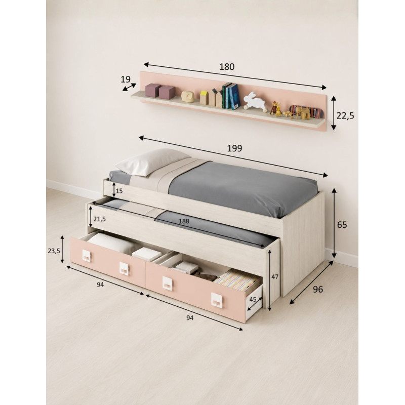 Cama Nido con Estante Nube Blanco Alpes y Rosa - Montiel