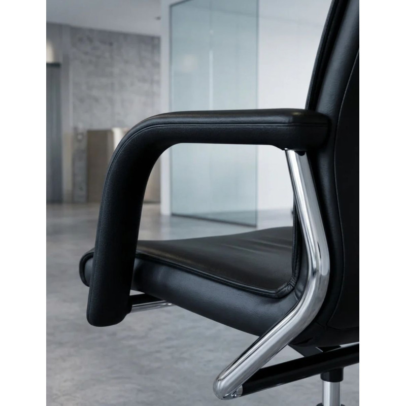 Sillón Giratorio Piel Negra con Brazos Fijos de Wilkhahn