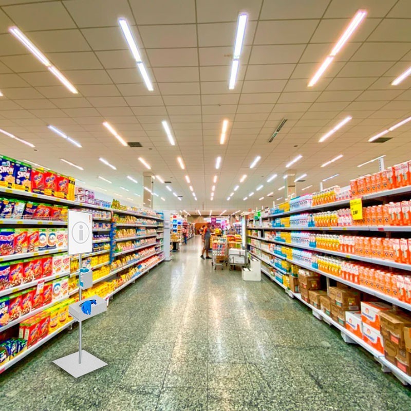 Dispensador de Gel y Guantes + Soporte Din A4 en Supermercado