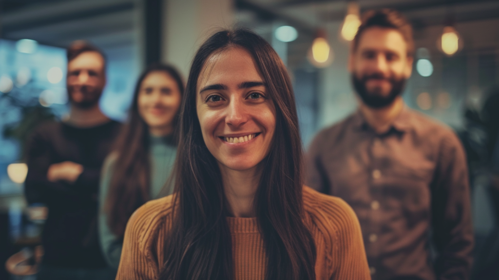 Young office employees with happy faces, captured in a professional color grading, soft shadows, and no contrast. Sharp focus on the individuals using a 50mm lens, ISO 200, time value 1/125, and a focal length of f/2.8. Background slightly blurred to emphasize clear facial features --ar 3:2