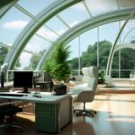 Oficina moderna con mezcla de estilos minimalista, biofílico e híbrido, luz natural y mobiliario ergonómico.