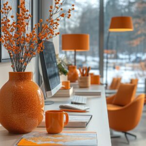 Oficina con colores cálidos y elementos naturales