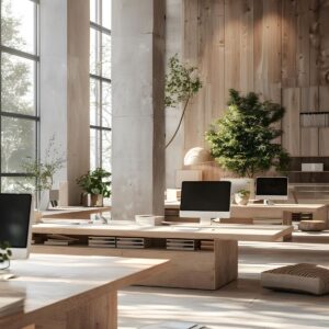 Oficina estilo escandinava y japonés con colores naturales