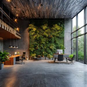 Oficina moderna con diseño sostenible, pared vegetal natural, mesas de trabajo y sillas ergonómicas en un espacio luminoso y contemporáneo.