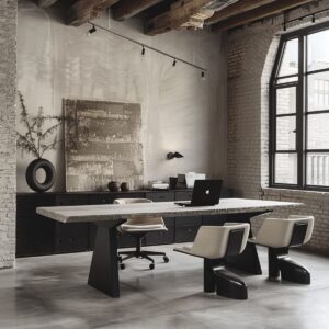 Sala de reuniones de estilo industrial con mesa de trabajo moderna, sillas de diseño, paredes de ladrillo visto y luz natural.
