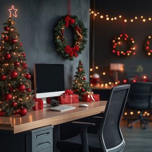 oficina decorada en navidad con estilo profesional y ambiente acogedor