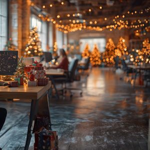 oficina decorada en navidad con estilo profesional y ambiente acogedor
