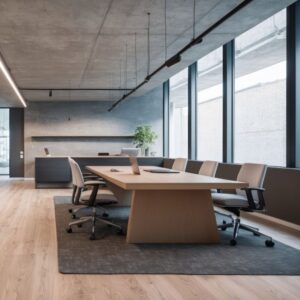Espacio de trabajo elegante con muebles reacondicionados, ejemplo de lujo sostenible.