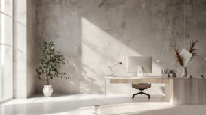 Oficina minimalista moderna con escritorio blanco y silla ergonómica, espacio despejado y luz natural que refleja un diseño funcional.