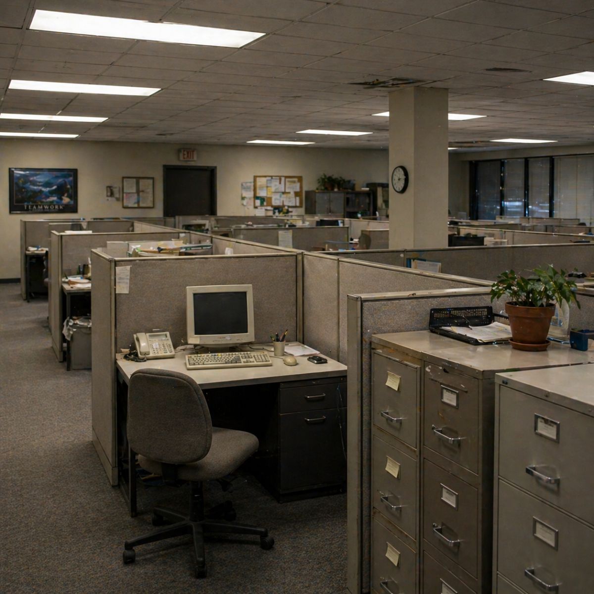 oficina antigua con cubiculos y mobiliario obsoleto poco atractivo