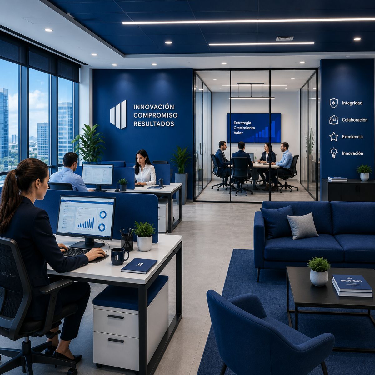 Oficina corporativa en tonos azules enfocada en productividad y concentración