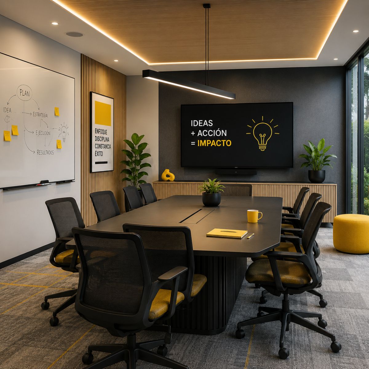 Sala de reuniones moderna con colores amarillos y ambiente colaborativo