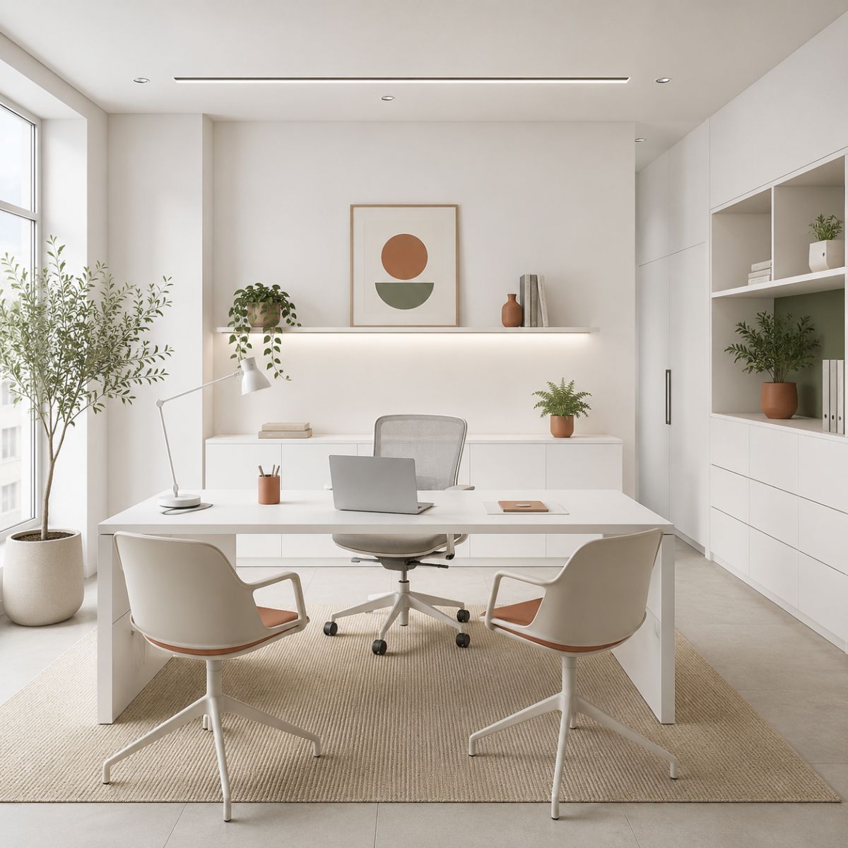 Oficina minimalista blanca con mobiliario moderno y acentos de color corporativo
