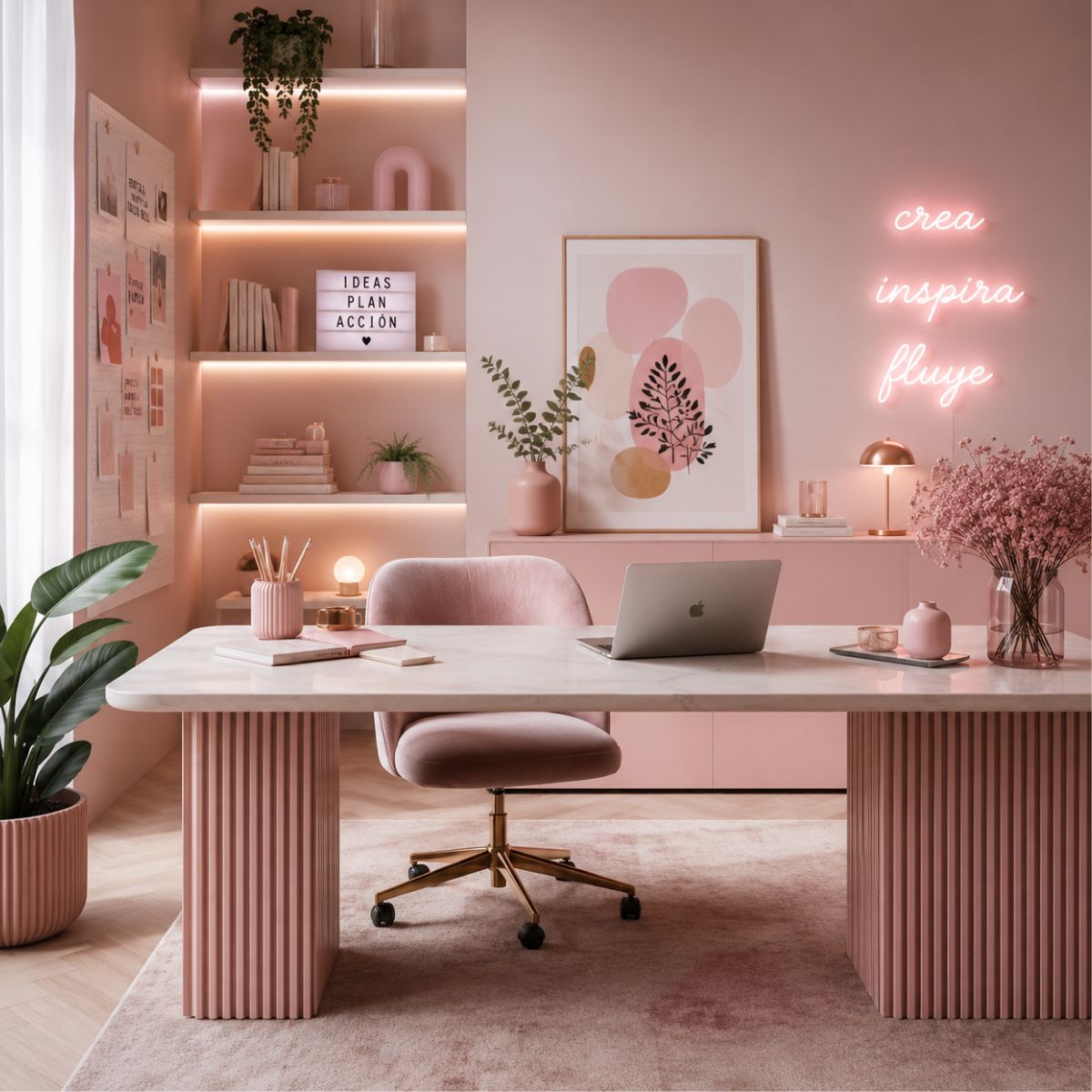 Espacio creativo moderno con tonos rosas empolvados y diseño contemporáneo
