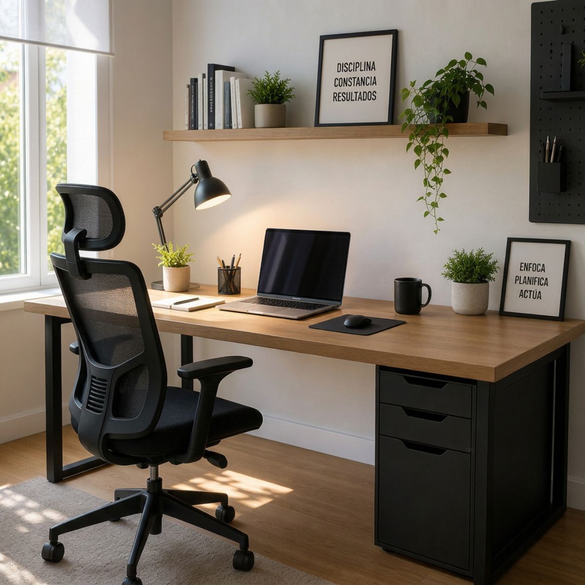 escritorio de teletrabajo ordenado en casa con silla ergonómica y luz natural