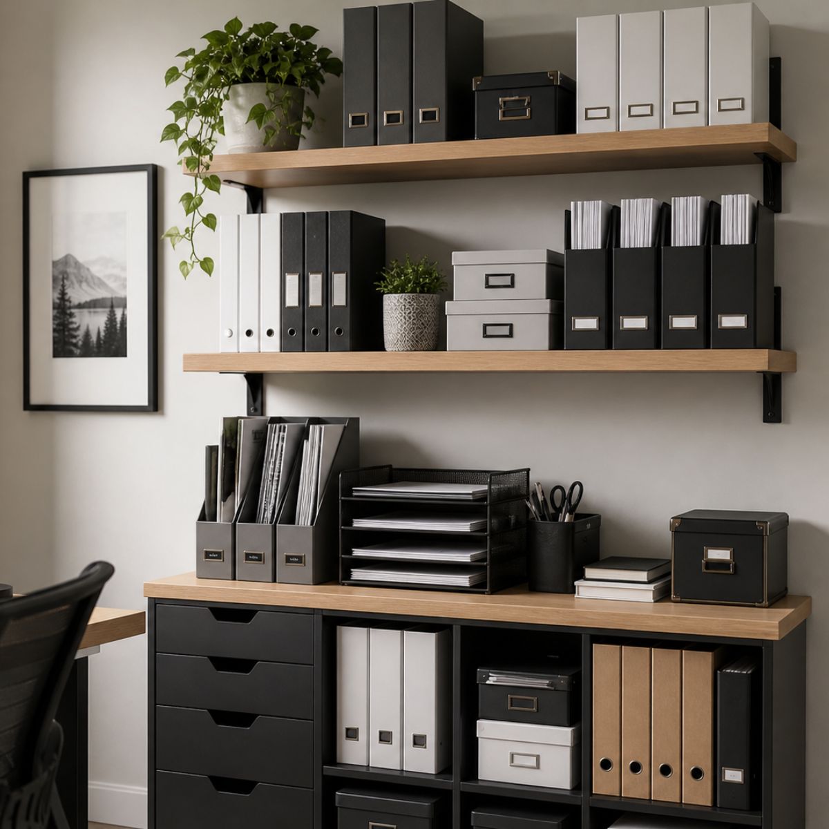 almacenaje inteligente para home office con estanterías y organizadores de escritorio