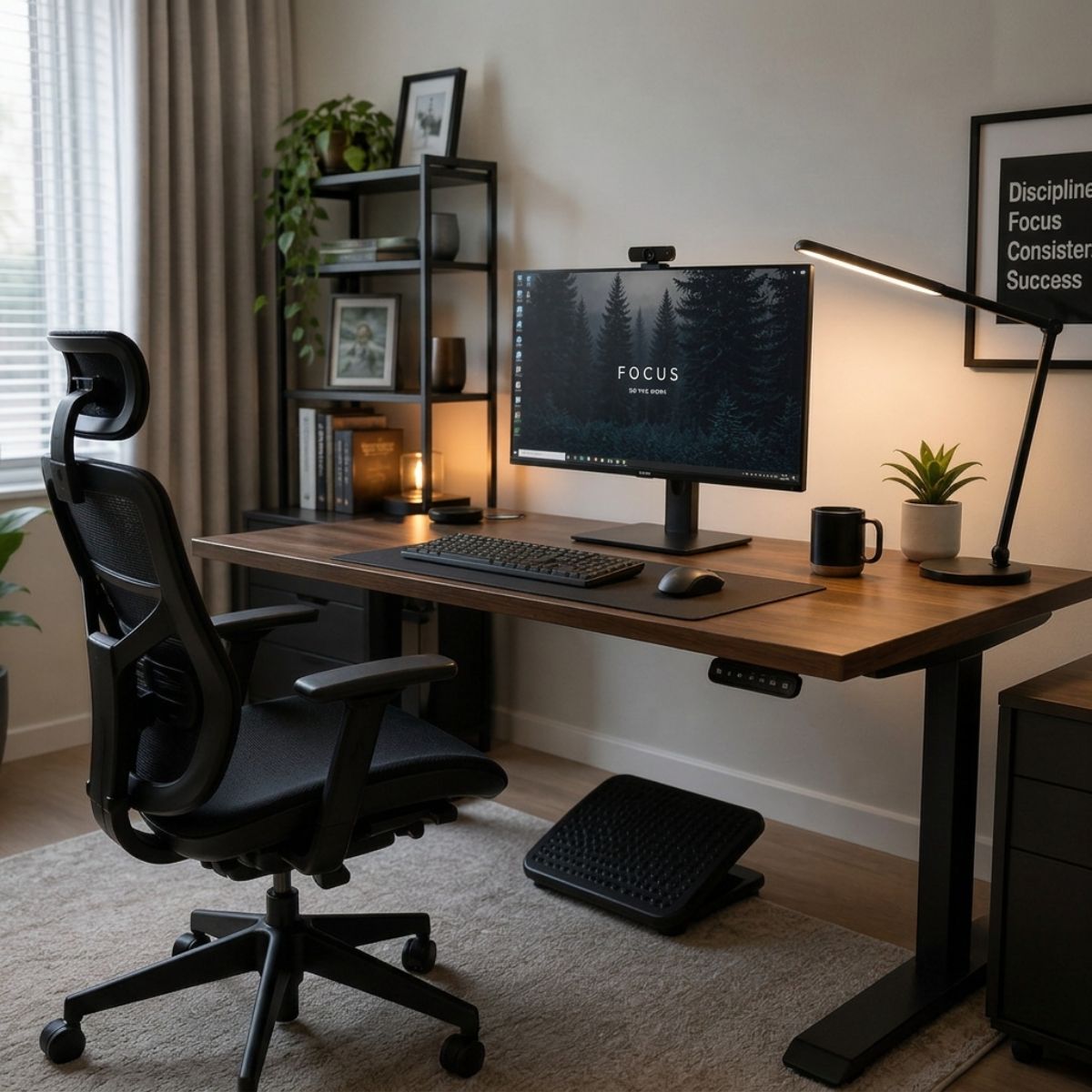 setup completo de teletrabajo con silla ergonómica flexo led y reposapiés
