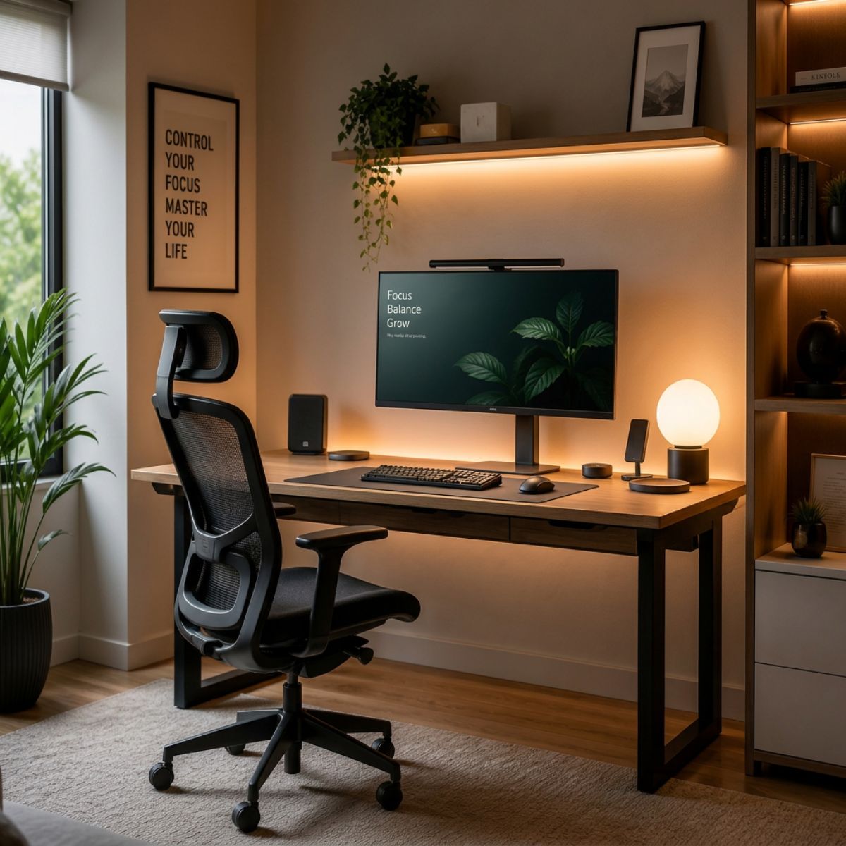 escritorio minimalista para teletrabajo con iluminación ambiental y espacio eficiente